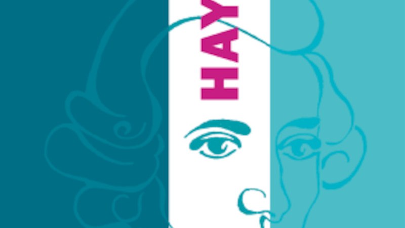 Illustration von Joseph Haydn in Blau- und Türkistönen, sein Name steht in pinker Schrift vertikal auf weißem Streifen., © Evangelische Kirchengemeinde Bissingen/Enz