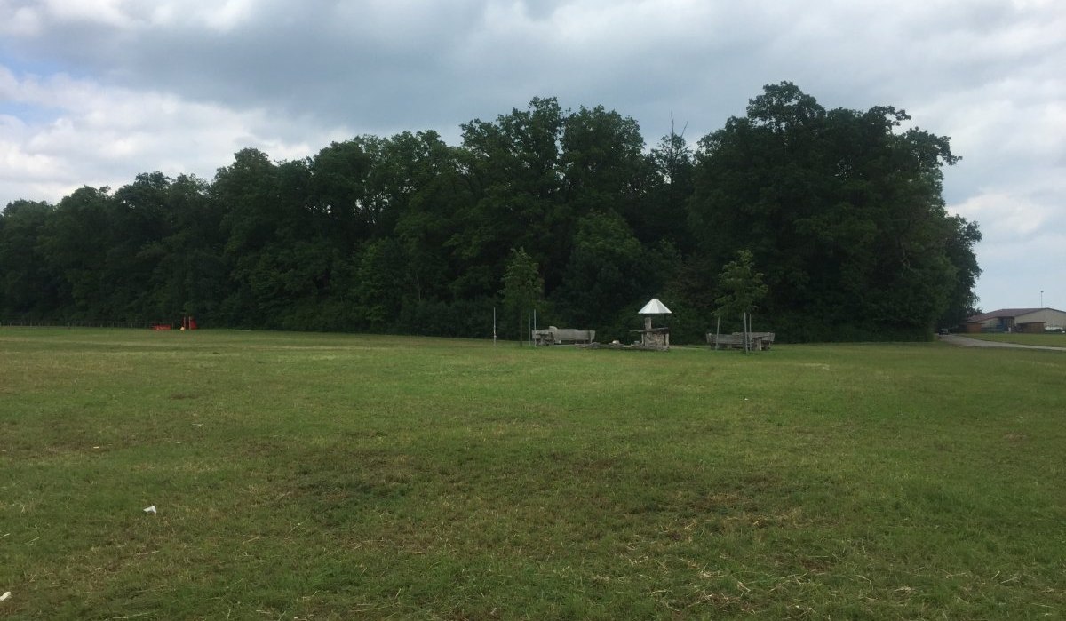 Weite Wiese mit einem Grillplatz und B&auml;nken, umgeben von B&auml;umen. Der Himmel ist bew&ouml;lkt, und im Hintergrund sind Geb&auml;ude zu sehen., &copy; www.pro-cycl.de