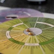 Nahaufnahme eines Aromarads, das zur Weinverkostung verwendet wird. Verschiedene Aromen sind in einem Kreisdiagramm dargestellt., © links im Bild Nahaufnahme eines Aromarads, das zur Weinverkostung verwendet wird. Verschiedene Aromen sind in einem Kreisdiagramm dargestellt., © links im Bild