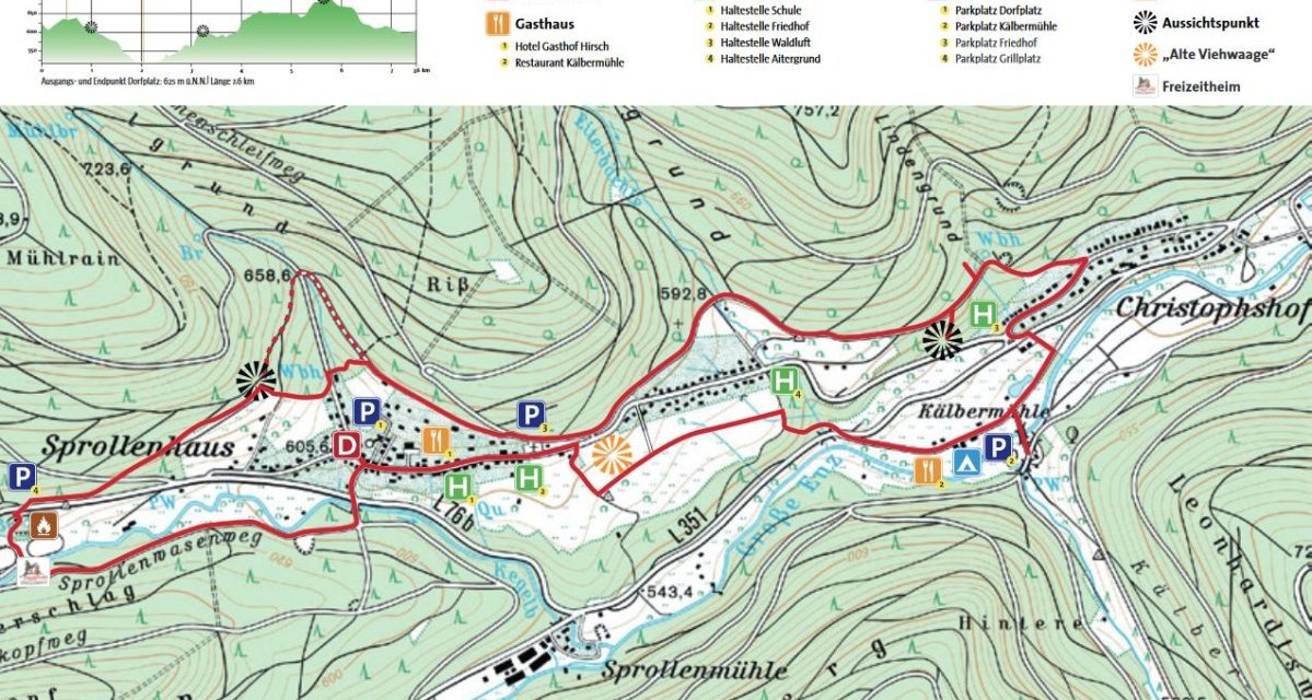 Karte von Sprollenhäuser mit markierter Wanderroute, Parkplätzen, Aussichtspunkten und Sehenswürdigkeiten. Höhenprofil oben links., © Nördlicher Schwarzwald Karte von Sprollenhäuser mit markierter Wanderroute, Parkplätzen, Aussichtspunkten und Sehenswürdigkeiten. Höhenprofil oben links., © Nördlicher Schwarzwald