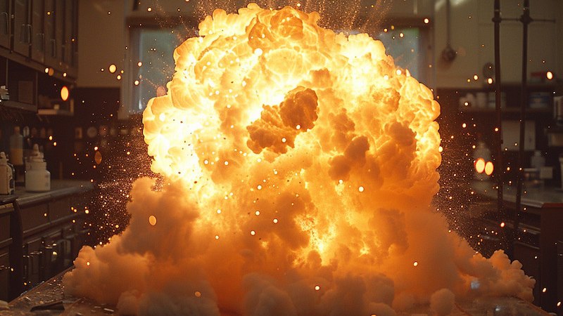 Eine Explosion in einem Labor, mit einem großen Feuerball und Rauchwolken, die sich im Raum ausbreiten. Funken fliegen in alle Richtungen., © DAT Kunstschule Eine Explosion in einem Labor, mit einem großen Feuerball und Rauchwolken, die sich im Raum ausbreiten. Funken fliegen in alle Richtungen., © DAT Kunstschule