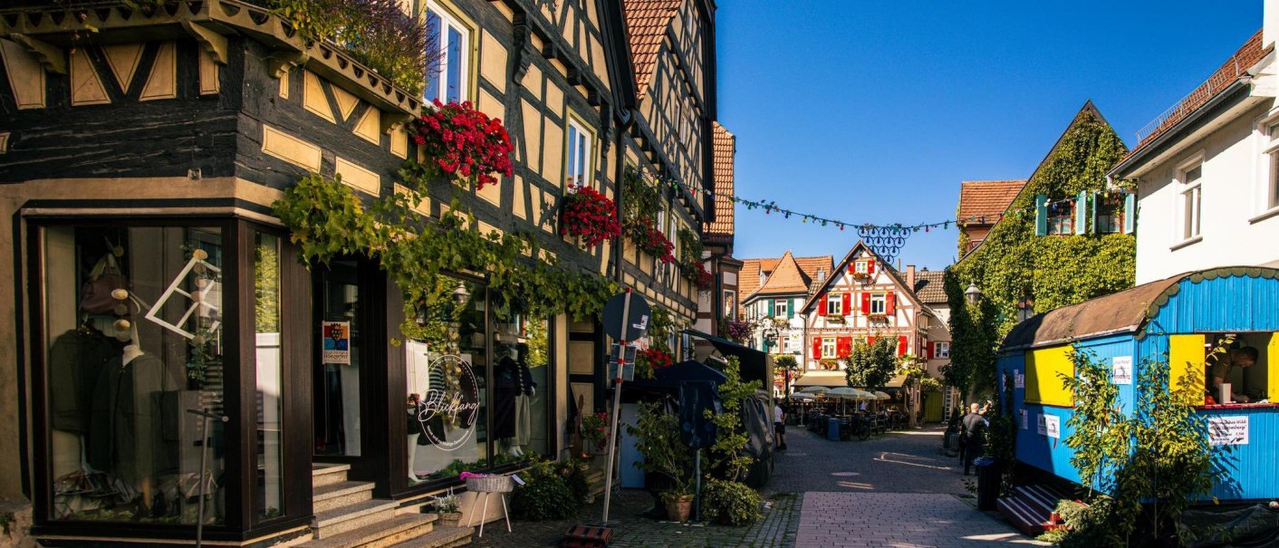 Malerische Altstadtstraße in Besigheim mit Fachwerkhäusern, blühenden Blumen und einem blauen Verkaufswagen unter klarem Himmel., © Stuttgart-Marketing GmbH, Sarah Schmid