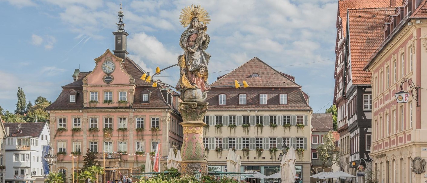 Barocke Statue auf einem Marktplatz, umgeben von historischen Gebäuden mit Fachwerk und verzierten Fassaden. Der Himmel ist leicht bewölkt., © Mario Klaiber Barocke Statue auf einem Marktplatz, umgeben von historischen Gebäuden mit Fachwerk und verzierten Fassaden. Der Himmel ist leicht bewölkt., © Mario Klaiber