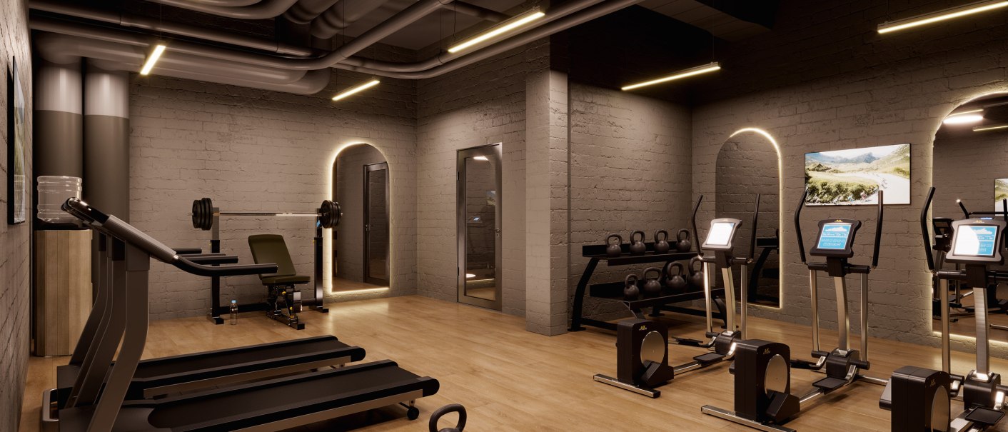 Moderner Fitnessraum mit Laufbändern, Hanteln, Trainingsgeräten und Spiegeln auf Holzboden. Die Beleuchtung ist warm und die Wände sind dunkelgrau., © Scandic Hotels