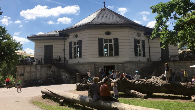 Das Bärenschlössle in Stuttgart, umgeben von Bäumen, mit Menschen, die draußen bei sonnigem Wetter entspannen und spielen., © SMG