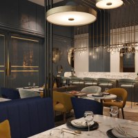 Elegantes Restaurant mit Marmortischen, blauen und gelben Stühlen, modernen Lampen und einer stilvollen Bar im Hintergrund., © Pullman Stuttgart Fontana