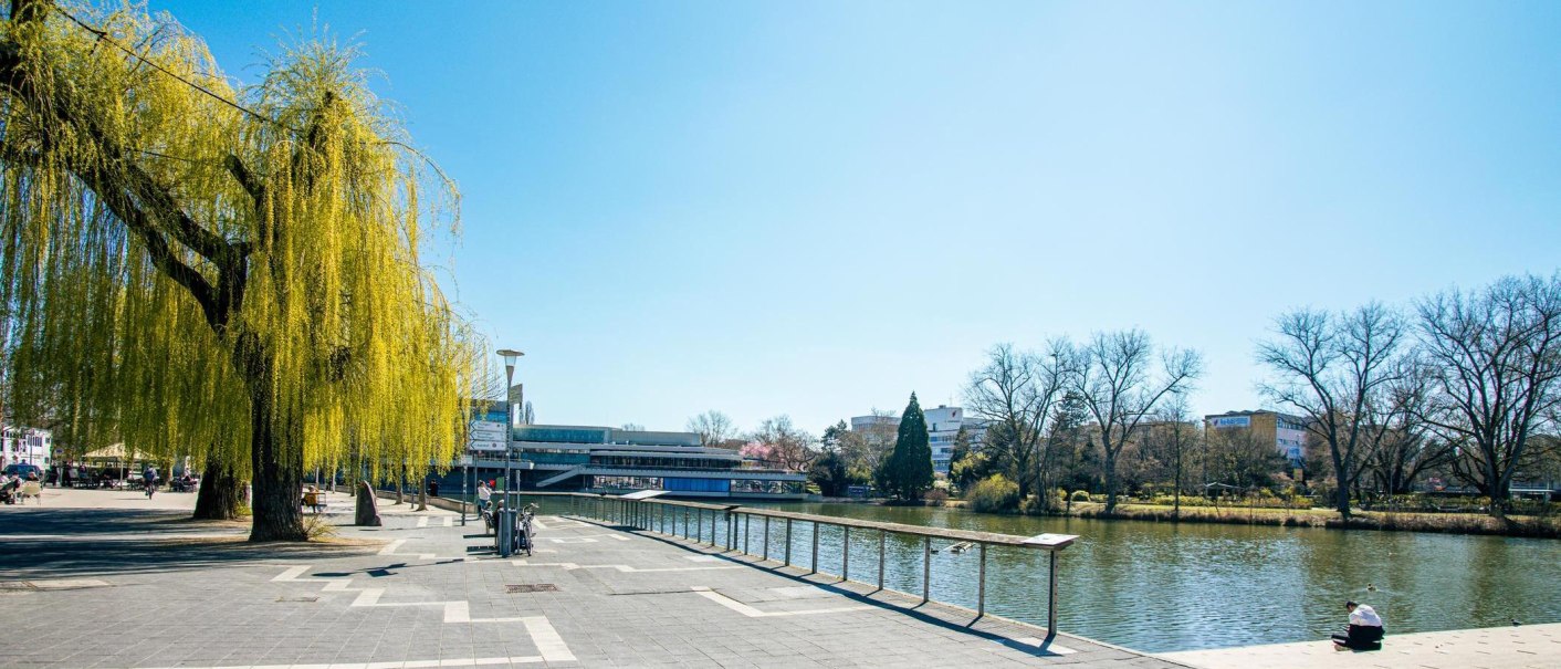 Ein sonniger Tag am Unteren See in Böblingen. Eine Trauerweide wirft Schatten auf den Gehweg, während Menschen die Aussicht genießen., © Stuttgart-Marketing GmbH, Sarah Schmid Ein sonniger Tag am Unteren See in Böblingen. Eine Trauerweide wirft Schatten auf den Gehweg, während Menschen die Aussicht genießen., © Stuttgart-Marketing GmbH, Sarah Schmid