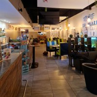 Ein modernes Restaurant mit grünen Stühlen, Holztischen und dekorativen Pflanzen. An der Wand steht "LU MARE". Die Beleuchtung ist warm und einladend., © Pizzeria Salento Ein modernes Restaurant mit grünen Stühlen, Holztischen und dekorativen Pflanzen. An der Wand steht "LU MARE". Die Beleuchtung ist warm und einladend., © Pizzeria Salento