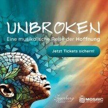 Ein Mosaikbild eines Kindes mit dem Titel 'Unbroken'. Der Text 'Eine musikalische Reise der Hoffnung' und 'Jetzt Tickets sichern!' sind zu sehen., © links im Bild Ein Mosaikbild eines Kindes mit dem Titel 'Unbroken'. Der Text 'Eine musikalische Reise der Hoffnung' und 'Jetzt Tickets sichern!' sind zu sehen., © links im Bild