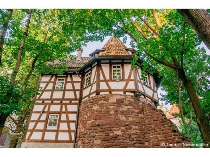 Ein Fachwerkhaus mit einem runden Steinturm, umgeben von gr&uuml;nen B&auml;umen, bei Tageslicht., &copy; Stuttgart Marketing GmbH