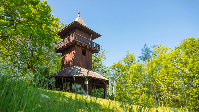 Holzturm auf Wiese, umgeben von Bäumen und Blumen, unter blauem Himmel., © Stadt Gaildorf Holzturm auf Wiese, umgeben von Bäumen und Blumen, unter blauem Himmel., © Stadt Gaildorf