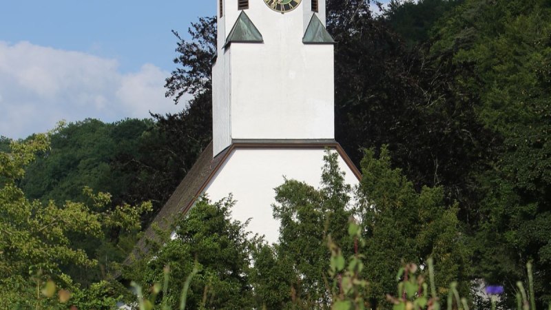 Ein Kirchturm mit rotem Dach und Uhr ragt über eine bunte Blumenwiese, umgeben von grünen Bäumen, in den blauen Himmel.