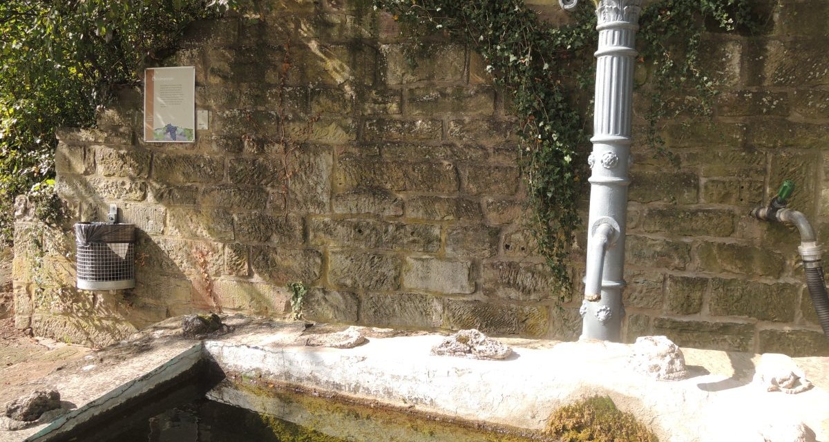 Ein alter Brunnen mit Metallpumpe und steinerner Wand, umgeben von Pflanzen. Ein Schild mit der Aufschrift 'Karlsbronn 1860' ist sichtbar., © Land der 1000 Hügel - Kraichgau-Stromberg Ein alter Brunnen mit Metallpumpe und steinerner Wand, umgeben von Pflanzen. Ein Schild mit der Aufschrift 'Karlsbronn 1860' ist sichtbar., © Land der 1000 Hügel - Kraichgau-Stromberg