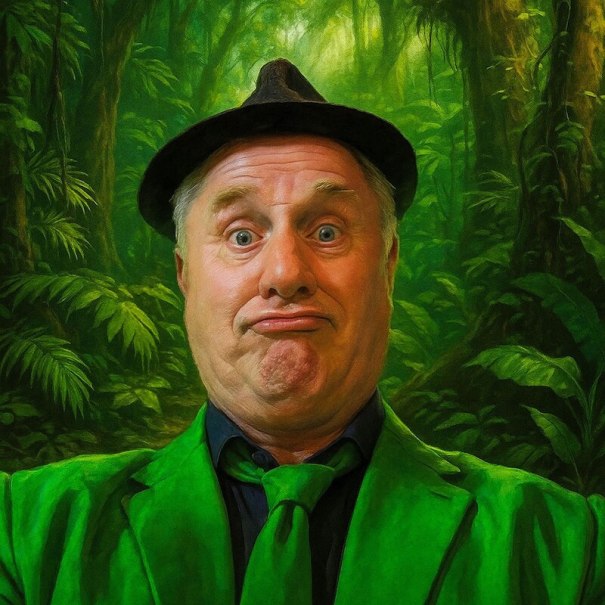 Ein Mann in gr&uuml;nem Anzug und Hut zieht eine Grimasse vor einem dichten, gr&uuml;nen Dschungelhintergrund., &copy; Mauerwerk GmbH