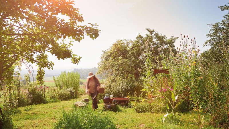Eine Person mit Hut in einem sonnigen Garten mit Bäumen und hohen Pflanzen im Schwäbischen Wald., © Stuttgart-Marketing GmbH Eine Person mit Hut in einem sonnigen Garten mit Bäumen und hohen Pflanzen im Schwäbischen Wald., © Stuttgart-Marketing GmbH