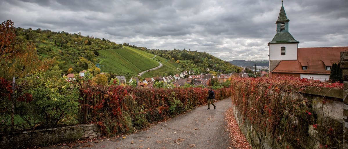 Ein Weg in Obertürkheim, gesäumt von roten Weinreben, führt zu einer Kirche. Im Hintergrund sind grüne Weinberge und ein bewölkter Himmel zu sehen., © Stuttgart-Marketing GmbH Ein Weg in Obertürkheim, gesäumt von roten Weinreben, führt zu einer Kirche. Im Hintergrund sind grüne Weinberge und ein bewölkter Himmel zu sehen., © Stuttgart-Marketing GmbH