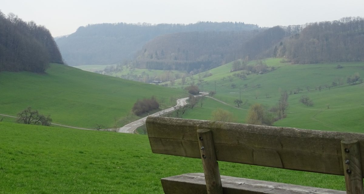 Holzbank im Vordergrund, dahinter grüne Hügel und eine kurvige Landstraße. Der Himmel ist bewölkt, die Landschaft wirkt ruhig und idyllisch., © Foto: Cornelia Steinbach Holzbank im Vordergrund, dahinter grüne Hügel und eine kurvige Landstraße. Der Himmel ist bewölkt, die Landschaft wirkt ruhig und idyllisch., © Foto: Cornelia Steinbach