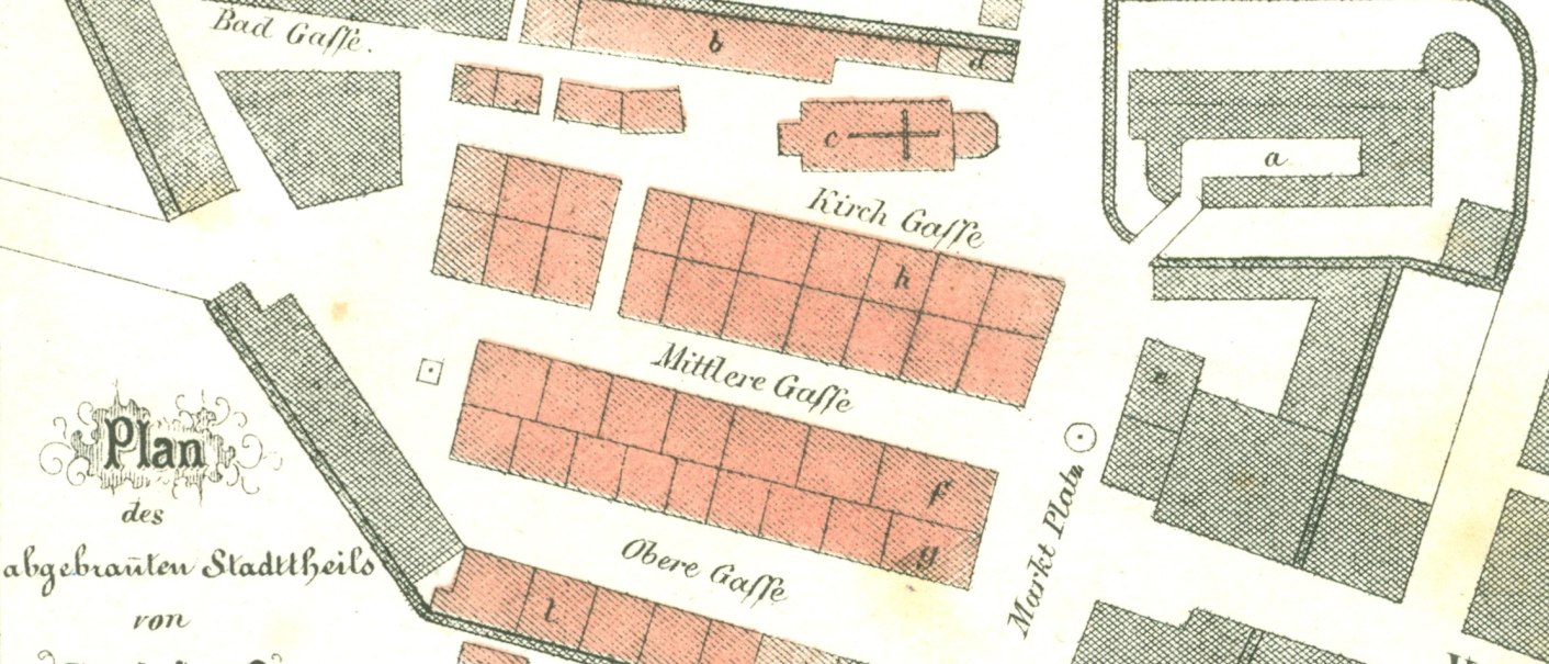 Historischer Stadtplan von Gaildorf aus dem Jahr 1868, der den abgebrannten Stadtteil mit Straßen und Gebäuden darstellt., © Stadtarchiv Historischer Stadtplan von Gaildorf aus dem Jahr 1868, der den abgebrannten Stadtteil mit Straßen und Gebäuden darstellt., © Stadtarchiv