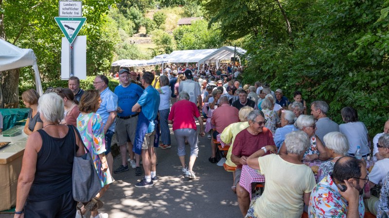Menschen sitzen und stehen bei einem Fest im Freien. Tische und Zelte sind aufgestellt, umgeben von Bäumen. Ein Schild weist auf landwirtschaftlichen Verkehr hin., © Frank Nonnenmann Menschen sitzen und stehen bei einem Fest im Freien. Tische und Zelte sind aufgestellt, umgeben von Bäumen. Ein Schild weist auf landwirtschaftlichen Verkehr hin., © Frank Nonnenmann