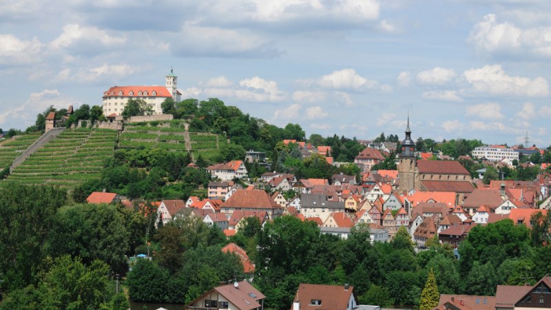 Schloss Kaltenstein thront über Vaihingen an der Enz, umgeben von Weinbergen und historischen Gebäuden. Der Himmel ist leicht bewölkt., © Stadt Vaihingen an der Enz