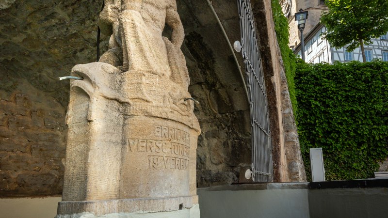Steinfigur am Marktbrunnen in Backnang, darunter Inschrift. Im Hintergrund ein Turm mit Uhr und Fachwerk. Wasserbecken im Vordergrund., &copy; Ren&eacute; Straube
