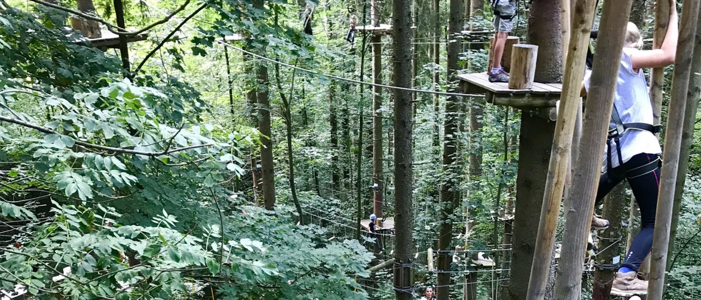 Menschen klettern auf Plattformen und Seilen zwischen Bäumen im Skypark Kletterwald in Schwäbisch Gmünd. Dichte grüne Blätter umgeben die Kletterer., © SKYPARK – epia-store.de GbR