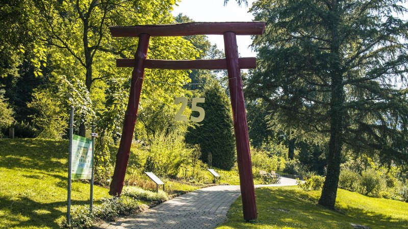 Ein rotes Torii-Tor mit der Zahl 25 im Apothekergarten Bad Liebenzell, umgeben von üppigem Grün und einem gepflasterten Weg., © Stuttgart-Marketing GmbH, Sarah Schmid Ein rotes Torii-Tor mit der Zahl 25 im Apothekergarten Bad Liebenzell, umgeben von üppigem Grün und einem gepflasterten Weg., © Stuttgart-Marketing GmbH, Sarah Schmid