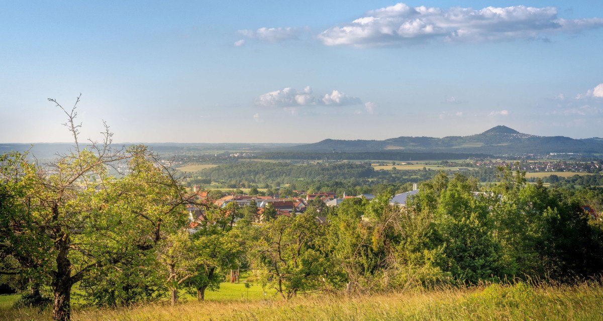 Landschaft mit Obstbäumen, Wiesen und einem Dorf im Hintergrund, umgeben von Hügeln unter blauem Himmel mit Wolken., © Stuttgart Marketing GmbH Martina Denker Landschaft mit Obstbäumen, Wiesen und einem Dorf im Hintergrund, umgeben von Hügeln unter blauem Himmel mit Wolken., © Stuttgart Marketing GmbH Martina Denker