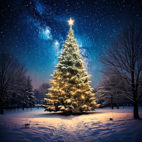 glitzernder Tannenbaum im verschneiten Wald mit hell leuchtendem Stern auf der Baumspitze, © Alle Rechte vorbehalten glitzernder Tannenbaum im verschneiten Wald mit hell leuchtendem Stern auf der Baumspitze, © Alle Rechte vorbehalten