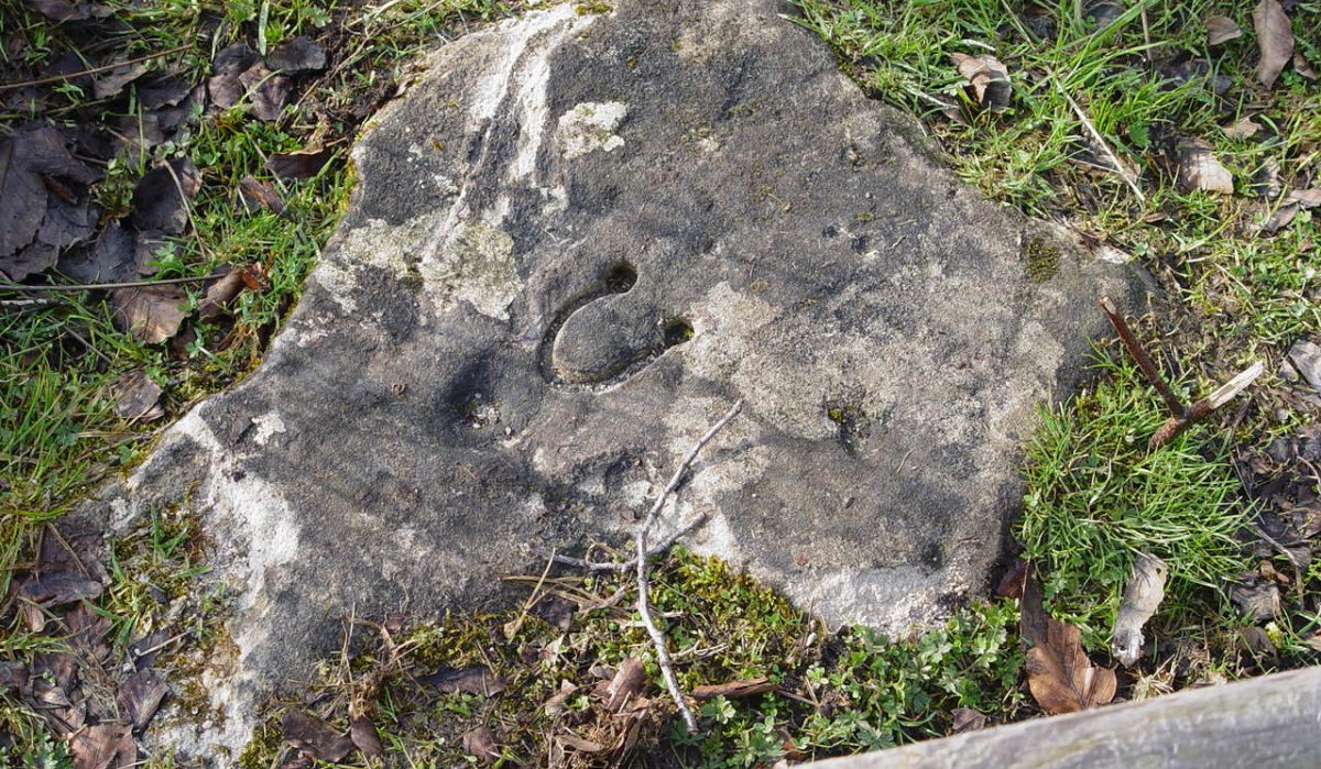 Ein großer Stein mit einer eingravierten Hufeisenform liegt auf grasbewachsenem Boden, umgeben von Laub und Holz., © Naturpark Schönbuch