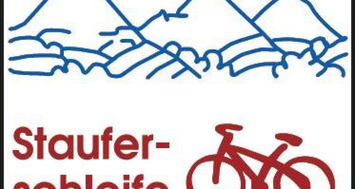 Logo der Stauferschleife: Oben blaue Bergsilhouette, unten roter Schriftzug 'Stauferschleife' und ein rotes Fahrrad., &copy; Remstal Tourismus e.V.