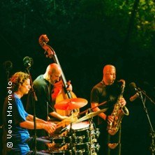 Drei Musiker performen auf einer B&uuml;hne im Freien. Sie spielen Schlagzeug, Kontrabass und Saxophon. Die Beleuchtung ist warm und stimmungsvoll., &copy; links im Bild