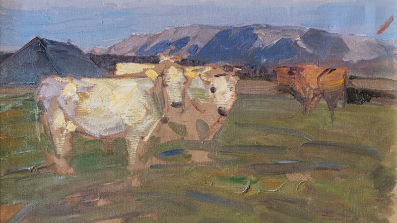 Gemälde von Heinrich von Zügel: Kühe auf einer Weide, im Hintergrund Berge. Impressionistischer Stil mit kräftigen Pinselstrichen., © Stefan Bossow - All rights reserved