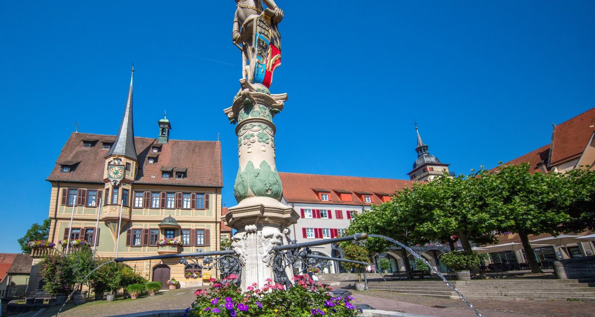 Brunnen mit Statue auf dem Marktplatz von Bietigheim-Bissingen, umgeben von historischen Gebäuden und blühenden Blumen, unter klarem, blauem Himmel. Brunnen mit Statue auf dem Marktplatz von Bietigheim-Bissingen, umgeben von historischen Gebäuden und blühenden Blumen, unter klarem, blauem Himmel.