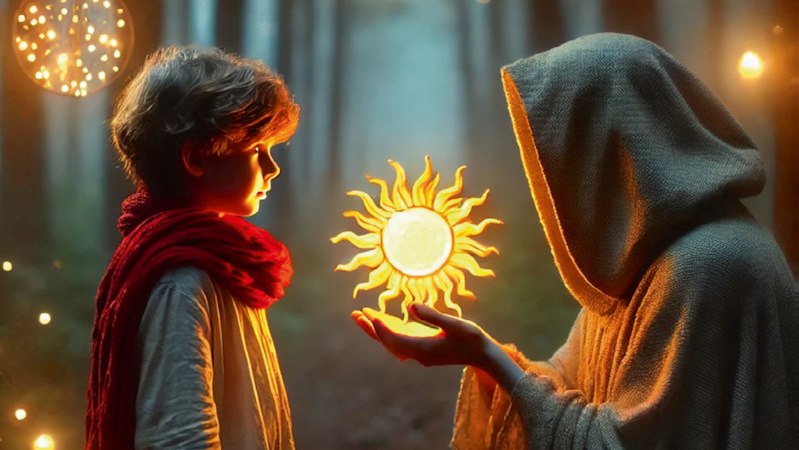 Ein Kind mit rotem Schal steht im Wald vor einer vermummten Gestalt, die eine leuchtende Sonne in den Händen hält. Lichter hängen im Hintergrund., © Stadt Kornwestheim Kulturmanagement